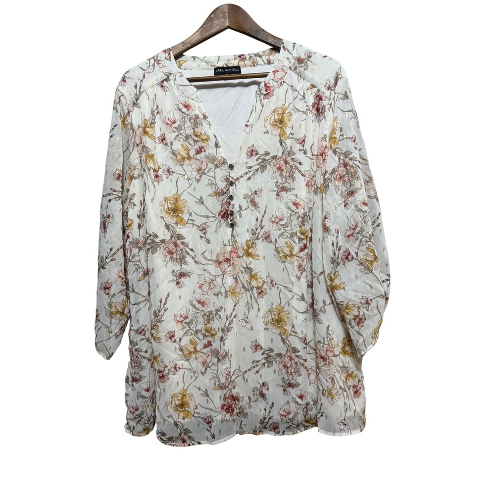 Sara Michelle Blouse Womens 3X White Floral Gold Metallic V-Neck Excellent Top